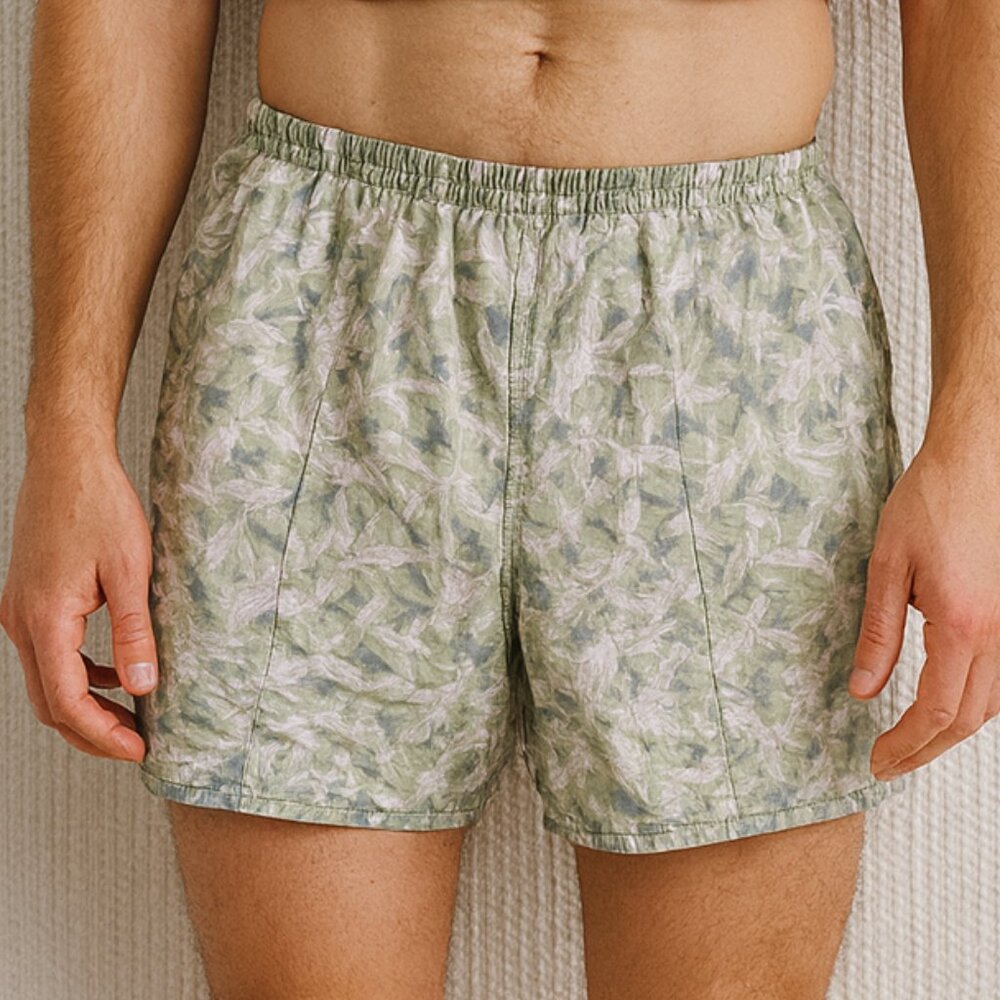 Columbia Vintage Fish Print Swim Trunks Sage Green Lined Elastic Waist Men Large